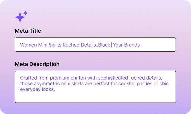 Text on a gradient background with a star icon. Meta title and description for women's mini skirts with ruched details.