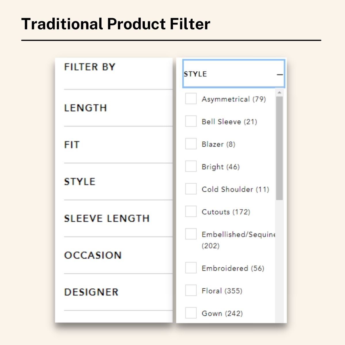 Traditional search product filter
