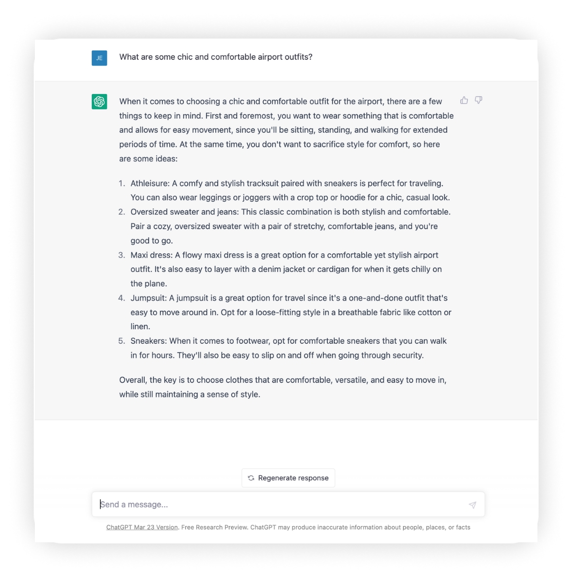ChatGPT styling suggestions for airport outfits