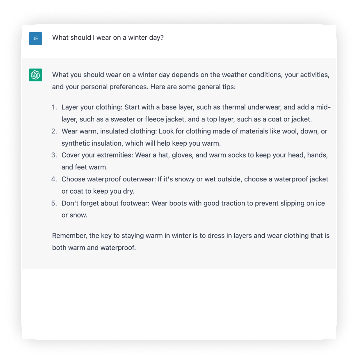 Regular ChatGPT style suggestions for a cold winter day