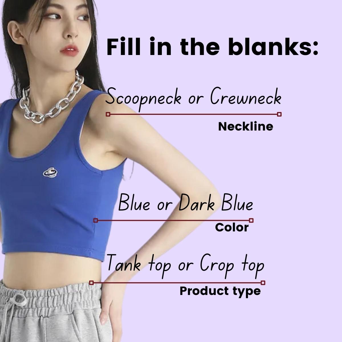 A woman in a blue crop top with a list of fashion tagging attributes