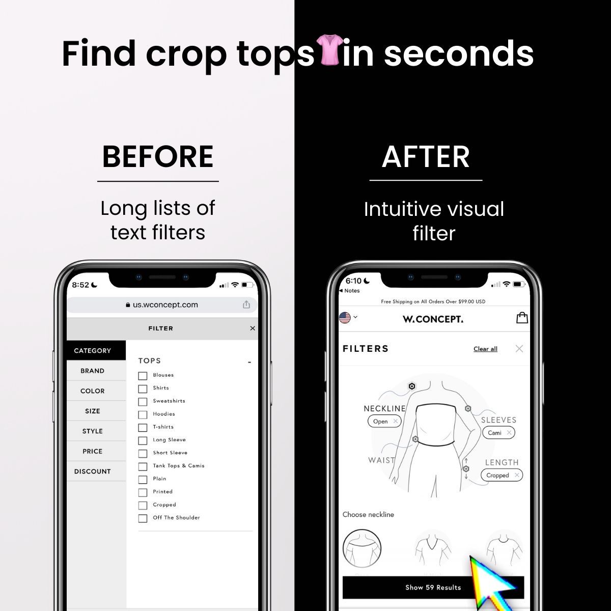 Two product filters on two cell phones, before and after fashion AI