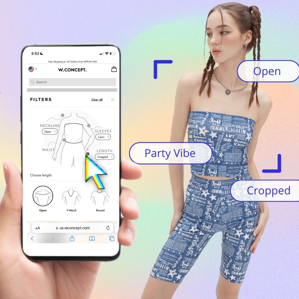 The Style Filter showing open, cropped, party vibe filter attributes